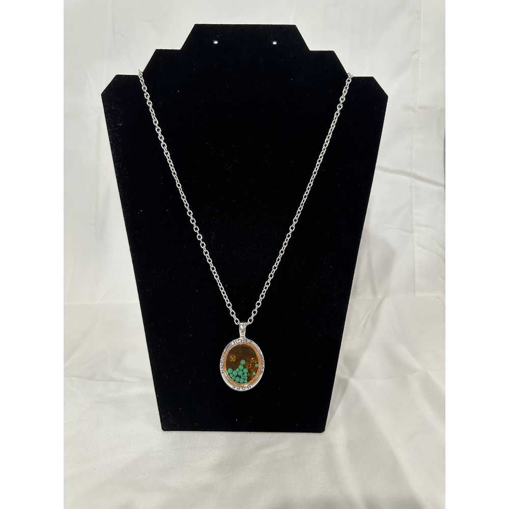 W‎ Stones & Beads Hope Floating Locket Necklace Silver Tone Turquoise Amber 18"